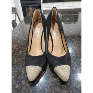 Salvatore Ferragamo Women's Black & Gold Toe More Suede Chain Cap-Toe Pumps 10